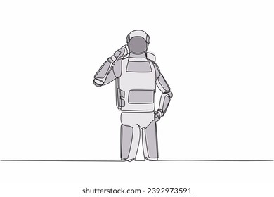 Single one line drawing young astronaut standing with pointing his head, thinking something. Feeling optimistic, visionary. Cosmic galaxy space. Continuous line draw graphic design vector illustration