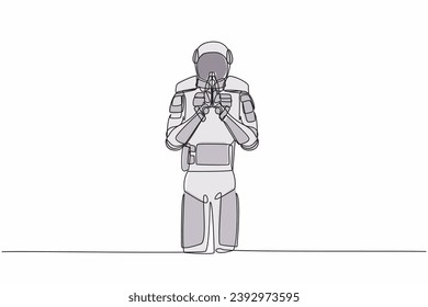 Single one line drawing young astronaut standing with holding palms in prayer. Spaceman emotion, body language gesture. Cosmic galaxy space concept. Continuous line graphic design vector illustration