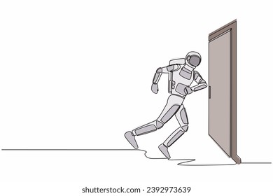 Single one line drawing young astronaut running wants to break down door. Spaceship expedition struggle. Strength for success. Cosmic galaxy space. Continuous line graphic design vector illustration