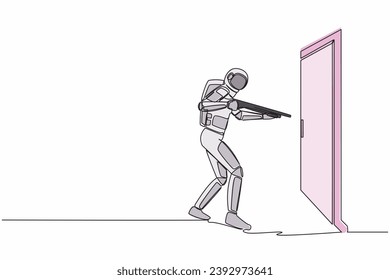 Single one line drawing of young astronaut pointing shotgun at doorknob. Space business breakthrough struggle. Power to succeed. Cosmic galaxy space. Continuous line graphic design vector illustration