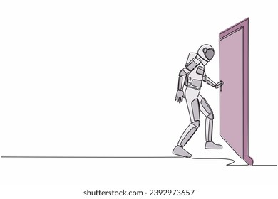 Single one line drawing young astronaut holding door knob in moon surface. Entering room in space company office building. Cosmic galaxy space. Continuous line draw graphic design vector illustration