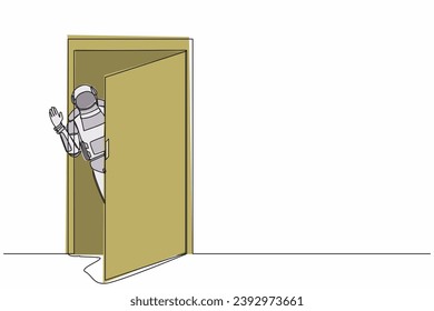 Single one line drawing young astronaut looking from behind open door in moon surface. Spaceman peeking of door and wave hands. Cosmic galaxy space. Continuous line graphic design vector illustration