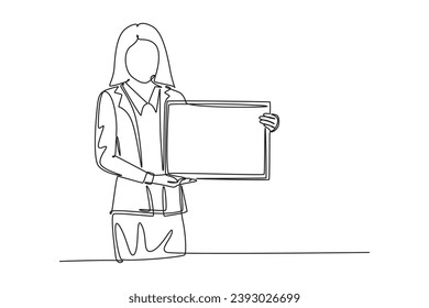 Single one line drawing of young female presenter presenting new product launch using tablet while meeting at office. Work presentation concept. Continuous line draw design graphic vector illustration