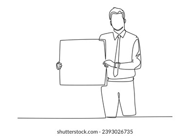 Single one line drawing young presenter holding big screen board to introduce new product of company. New product launch presentation concept. Continuous line draw design graphic vector illustration