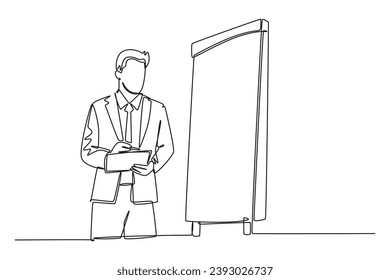 Single one line drawing young presenter watching mess data graph on screen and thinking how to solve the problem. Workshop presentation concept. Continuous line draw design graphic vector illustration