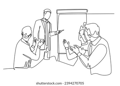 Single one line drawing young happy business trainer presenting great lesson and clapped by the audience during meeting. Team training concept. Continuous line draw design graphic vector illustration