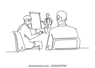 Single one line drawing young happy business coach presenting lesson to group class members. Business meeting and presentation concept. Modern continuous line draw design graphic vector illustration
