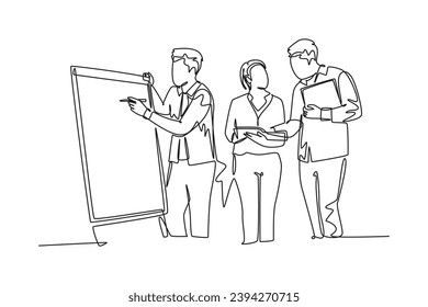 Single one line drawing young happy startup members discussing company growth and writing at flip chart. Business presentation concept. Modern continuous line draw design graphic vector illustration