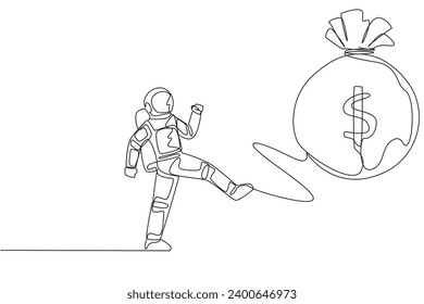 Single one line drawing young astronaut kicking money bag. Full of emotion. Kicking the money that  prepared for the landing mission on the lunar surface. Continuous line design graphic illustration