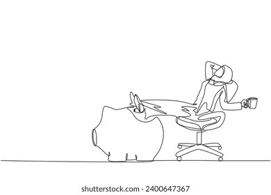 Single one line drawing young Arabian businesswoman sitting relaxed in work chair holding mug. Foot resting on piggy bank. Just got a profitable investment. Continuous line design graphic illustration