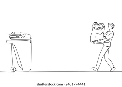 Single one line drawing a young man walked carrying a trash bag in both hands towards the trash can. A campaign for environmental advertising. Lifestyle. Continuous line design graphic illustration