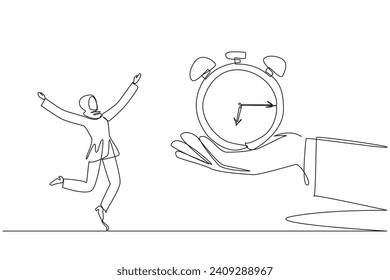 Single one line drawing young Arabian businesswoman excited to get alarm clock from the giant hand. Reminder. Set time to complete deadlines. Success. Continuous line design graphic illustration