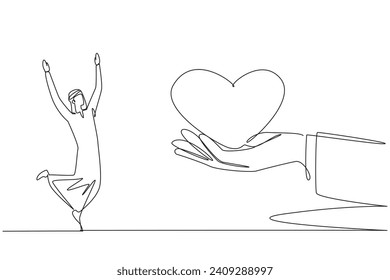 Single one line drawing young Arabian businessman is happy to get love from the giant hand. Amazing support from loved ones. Reach the peak of the career. Continuous line design graphic illustration