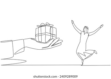 Single one line drawing young Arabian businessman excited to get the gift box from the giant hand. Surprise gift. Outstanding performance achievements. Continuous line design graphic illustration