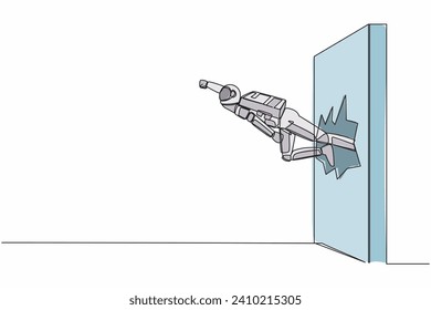 Single one line drawing young astronaut punch and break the wall. Flying spaceman breaks the wall in moon surface. Cosmic galaxy space concept. Continuous line draw graphic design vector illustration