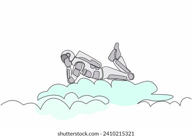 Single one line drawing young astronaut lay on clouds. Relaxes and resting after spaceship interstellar expedition. Cosmic galaxy space concept. Continuous line draw graphic design vector illustration