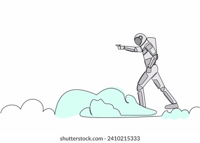 Single one line drawing young astronaut riding cloud on sky, pointing forward, go to future innovation of space industry. Cosmic galaxy space. Continuous line draw graphic design vector illustration