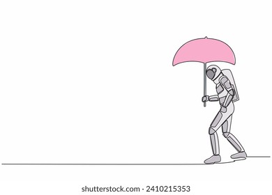 Single one line drawing young astronaut walking with umbrella under rain cloud. Failed in spacecraft exploration project. Cosmic galaxy space. Continuous line draw graphic design vector illustration