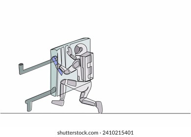 Single one line drawing young astronaut repair and installation batteries heater radiator. Ability to repair operating system. Cosmic galaxy space. Continuous line graphic design vector illustration