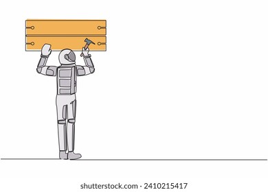Single one line drawing young astronaut worker hammering and nailing wood on wall. Spaceman ability to repair operating system. Cosmic galaxy space. Continuous line graphic design vector illustration