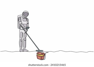 Single one line drawing young astronaut with metal detector looking for treasure chest and finding precious jewel. Cosmic galaxy space concept. Continuous line draw graphic design vector illustration