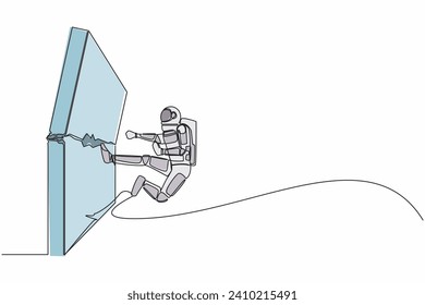 Una sola línea dibujando a un joven astronauta haciendo kungfu o karate volando patadas para destruir la pared de ladrillo. Éxito en la exploración espacial. Espacio de galaxia cósmica. Ilustración vectorial de diseño gráfico de línea continua