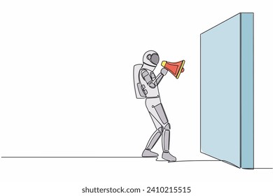 Single one line drawing of young astronaut holding megaphone, standing and shouts in front of wall in moon surface. Cosmic galaxy space concept. Continuous line draw graphic design vector illustration