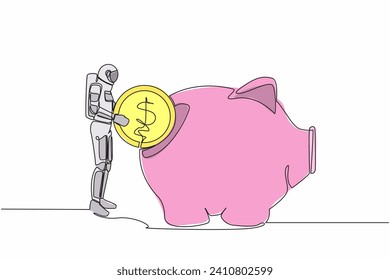 Una sola línea dibujando a un joven astronauta puso moneda en un banco de cerdos. Plan de inversión para la exploración interestelar espacial. Espacio de galaxia cósmica. Ilustración continua de diseño gráfico de línea