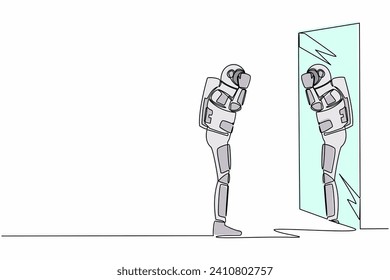 Single one line drawing young astronaut holding his face on reflection mirror. Spaceman looking at mirror for shaving or trimming. Cosmic galaxy space. Continuous line draw design vector illustration