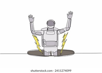 Single one line drawing young astronaut fell into manhole underground sewer. Spaceman fell sewer hatch. Space business failure. Cosmic galaxy space. Continuous line graphic design vector illustration