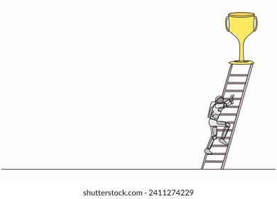 Single one line drawing young astronaut climb ladder to get trophy. Motivation to success in starship galactic expedition. Cosmic galaxy space. Continuous line draw graphic design vector illustration