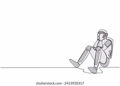 Single one line drawing young astronaut cover his face by hands and sitting on the floor. Sad due to spaceship company bankruptcy. Cosmic galaxy space. Continuous line draw design vector illustration