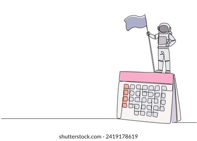 Single one line drawing young energetic astronaut standing on big desk calendar holding fluttering flag. Planning his next expedition into space. Cosmonaut. Continuous line design graphic illustration