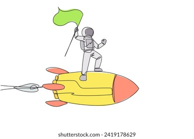 Single one line drawing young energetic astronaut standing on flying rocket through the sky holding fluttering flag. Space travel to the moon. Cosmonaut. Continuous line design graphic illustration