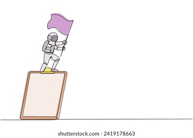 Single one line drawing young energetic astronaut standing on giant clipboard holding fluttering flag. He re-check his work before returning to the earth. Continuous line design graphic illustration