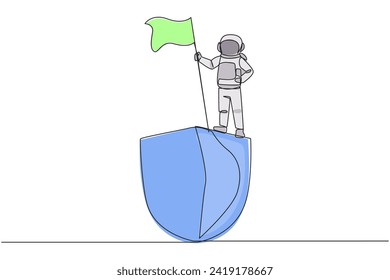 Single one line drawing young energetic astronaut standing on giant shield holding fluttering flag. Protect itself by wearing full astronaut suits. Space. Continuous line design graphic illustration