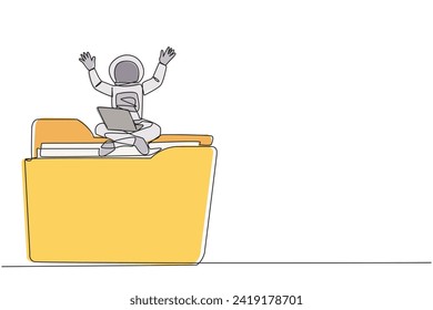 Single one line drawing young energetic astronaut sitting on giant folder holding laptop raise both hands. Delight in the success of fixing the broken expedition data. Continuous line design graphic