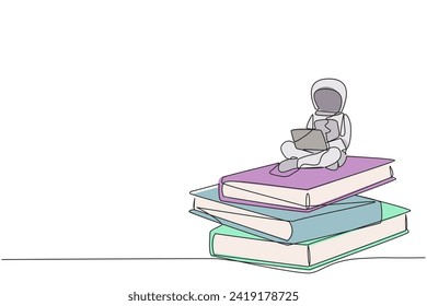 Single one line drawing young energetic astronaut sitting on stack of giant books typing laptop. Expedition problem in the database. Galaxy cosmic outer space. Continuous line graphic illustration