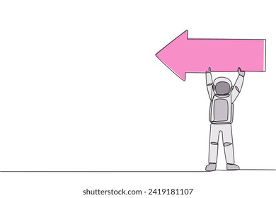 Single one line drawing young energetic astronaut lift the arrow-shaped puzzle. Teamwork by telling the direction where the spacecraft lands. Cosmonaut. Continuous line design graphic illustration