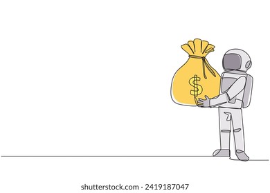 Una sola línea dibujando jóvenes astronautas energéticos levantando una bolsa de dinero grande. Depósito de garantía recibido por las consecuencias de una expedición. Cósmico. Ilustración gráfica de diseño de línea continua
