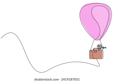 Single one line drawing young energetic astronaut using monocular, flying with hot air balloon with a passenger box has shape briefcase. Cosmic deep space. Continuous line design graphic illustration