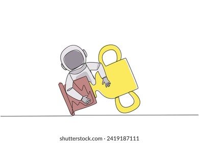 Single one line drawing young energetic astronaut hugging trophy. Received an award trophy for the success of running an expedition on the surface of moon. Continuous line design graphic illustration