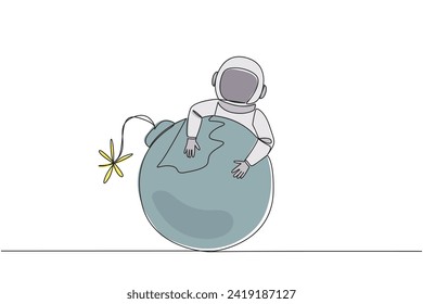 Single one line drawing young energetic astronaut hugging large bomb with a burning fuse. Trying to defuse the bomb. Avoid the space expedition from danger. Continuous line design graphic illustration