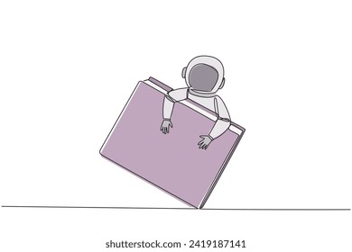 Single one line drawing young energetic astronaut hugging book. Learn how to survive in space properly and correctly. Always want to learn. Cosmic galaxy. Continuous line design graphic illustration