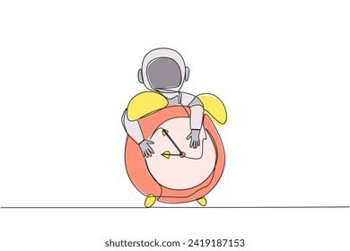 Single one line drawing young energetic astronaut hugging alarm clock. Reminder, the space flight must been completed. Expedition data must be complete. Continuous line design graphic illustration