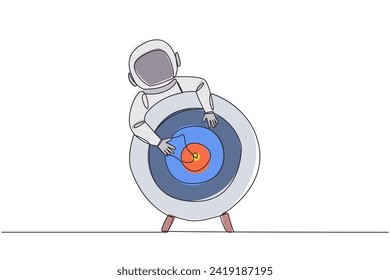 Single one line drawing young astronaut hugging arrow board target. Focus on achieving the best goals. The purpose of the expedition. Science and knowledge. Continuous line design graphic illustration