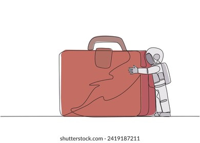 Single one line drawing young energetic astronaut hugging giant  briefcase. Hugging a favorite bag that accompanied the expedition on the moon surface. Continuous line design graphic illustration