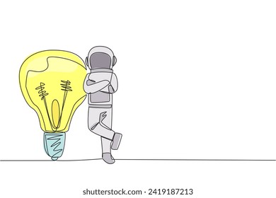 Single one line drawing young astronaut lean on giant lightbulb. Have big and brilliant ideas related to expeditions, but waiting for right time to do it. Continuous line design graphic illustration