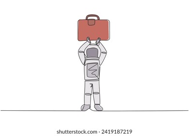 Single one line drawing young astronaut lift up the briefcase above his head. Give the code because it's ready to go into space. Cosmic galaxy deep space. Continuous line design graphic illustration