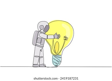 Single one line drawing young energetic astronaut hugging big lightbulb. Metaphors cherish brilliant ideas. Genius astronaut. Cosmic galaxy deep space. Continuous line design graphic illustration